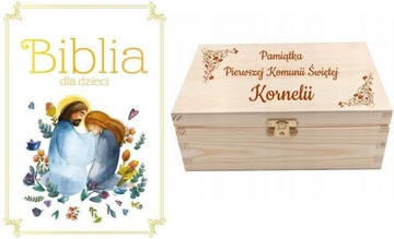 BIBLIA DLA DZIECI + pamiątka KOMUNIA ŚWIĘTA skrzynka DEDYKACJA grawer
