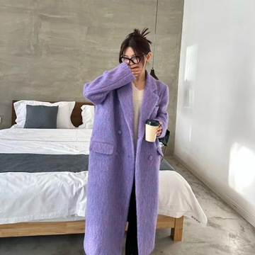 Korean Women Contrast Color Long Wool Coat Loose C