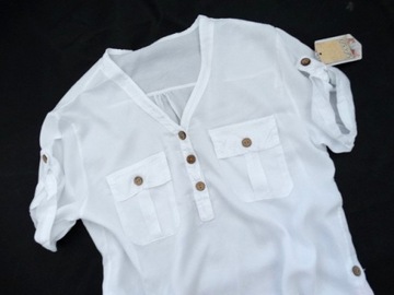 Włoska bluzka koszula stójka LYOCELL guziki biała