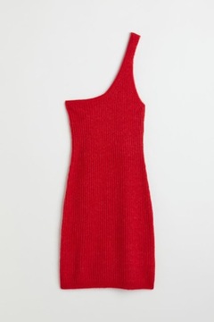 H&M Sukienka na jedno ramię dzianinowa prążki jesienna czerwona damska 40 L