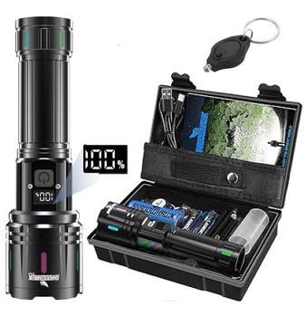Mocna Latarka LED 30000 Lm Taktyczna Wojskowa z Powerbank LCD UV SHAD0WHAWK
