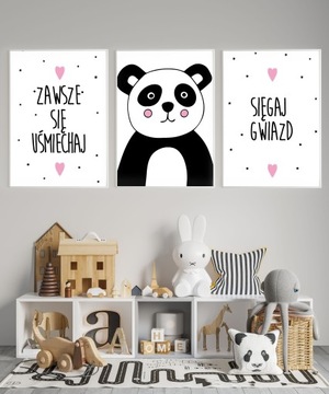 Panda Napisy Zestaw 3 szt Plakaty Dziecięce A3