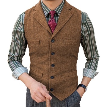 Waistcoat Men Suit Vest Lapel V Neck Wool Houndsto