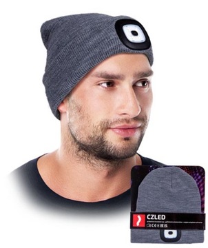czapka z latarką led szara