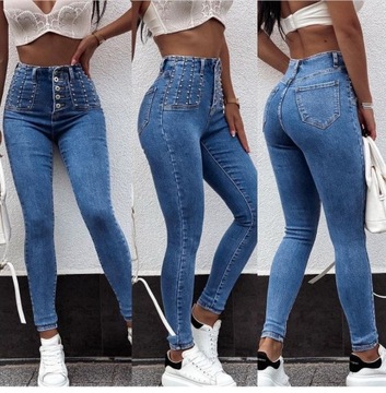 SPODNIE JEANSY DAMSKIE WYSZCZUPLAJĄCE WYSOKI STAN JEANS PUSH-UP XXL