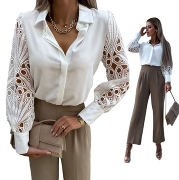MODNA BLUZKA DAMSKA ELEGANCKA KOSZULA KORONKOWA GUZIKI OZDOBNE RĘKAWY BIAŁA
