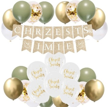 BALONY dekoracje BOHO EKO na CHRZEST baner IMIĘ