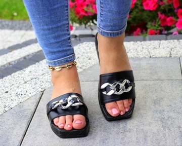 ЧЕРНЫЕ УДОБНЫЕ ТАПОЧКИ НА СЕРЕБРЯНОЙ ЦЕПОЧКЕ