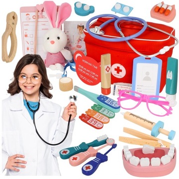 MAŁY DOKTOR ZESTAW LEKARSKI DENTYSTA LEKARZ drewniany 38 elem. + torba