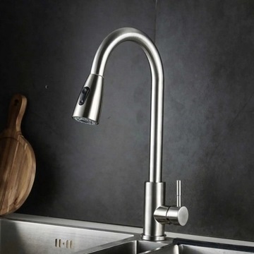КУХОННЫЙ смеситель из МАТОВОГО НИКЕЛЯ INOX, ВЫДВИЖНЫЙ ИЗЛИК, ВЫСОКИЙ ПОВОРОТ