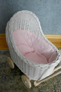 Плетеная коляска для кукол, БЕЛАЯ толкалка + постельное белье