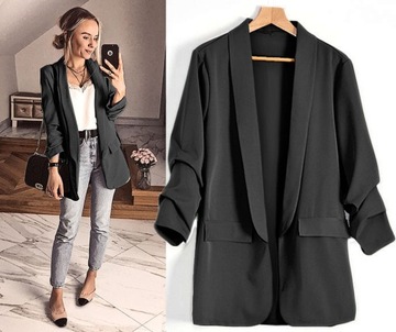 Черный женский пиджак, блейзер, драпированные рукава