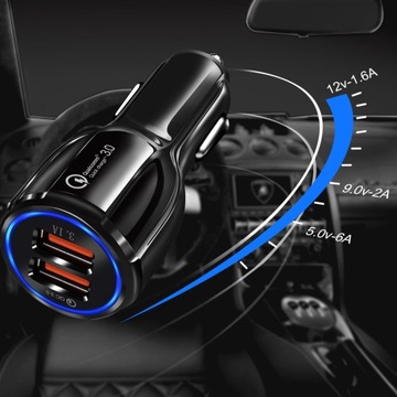 Ładowarka samochodowa QUICK CHARGE 2 porty USB LED
