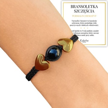 BRANSOLETKA CZARNY TURMALIN TALIZMAN HEMATYT SERCA SZNUREK SZCZĘŚCIA AMULET