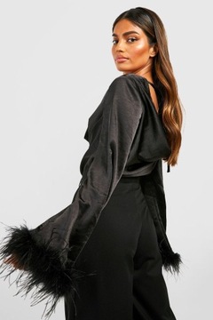 BOOHOO ЧЕРНОЕ АТЛАСНОЕ БОДИ С ДЕКОРАЦИЕЙ ПЕРЬЯМИ 4BA NG2__XL