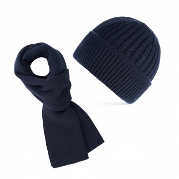 ZESTAW ZIMOWY MĘSKI GRANATOWY ZES-27-DB CZAPKA BEANIE BR-02-DB I CIEPŁY SZA