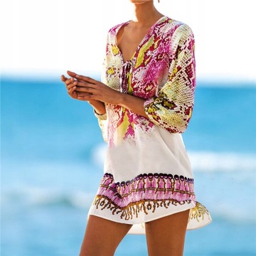 ПЛЯЖНАЯ ТУНИКА КОРОТКАЯ ЖЕНСКАЯ РУБАШКА ПЛАТЬЕ ПЛАТЬЕ ИЗ ШИФОНА С УЗОРАМИ ВЫРЕЗАНИЯ