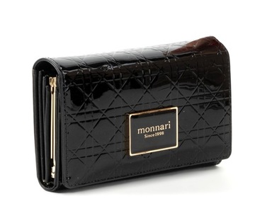 Monnari portfel skórzany czarny lakierowany pikowany