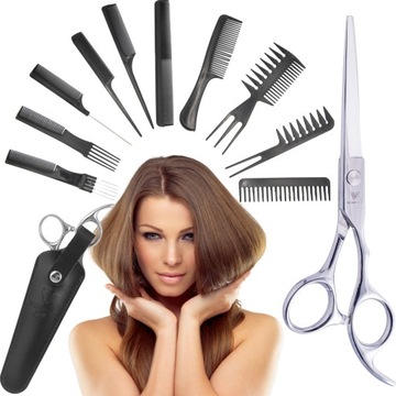 НОЖНИЦЫ ДЛЯ СТРИЖКИ ВОЛОС, ОСТРЫЕ, НАБОР ИЗ 10 ПРОФЕССИОНАЛЬНЫХ РАСЧЕСОК
