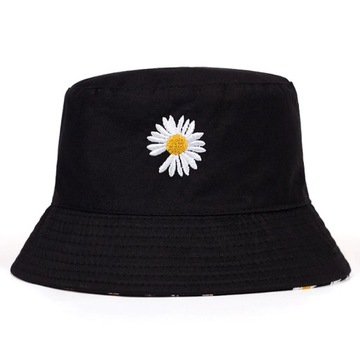 Czapka bucket hat kapelusz dwustronny czarny w stokrotki kwiatuszki kwiatki