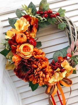 ОСЕННИЙ ВЕНОК ДЛЯ ДВЕРИ, ЦВЕТОЧНЫЙ ВЕНОК, ПЛЕТЕННЫЙ КРЕМ, ТЫКВЫ