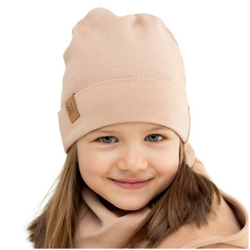 Niemowlęca czapka z kominem na wiosnę prążkowana bawełna beż 40-46 cm