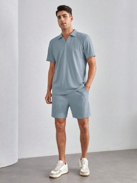 SHEIN NIEBIESKI PRĄŻKOWANY KOMPLET KOSZULKA POLO SPODENKI M 51475