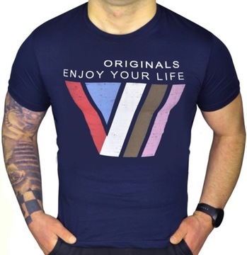 MĘSKI T-SHIRT KOSZULKA ELASTAN NADRUK SLIM KOLORY