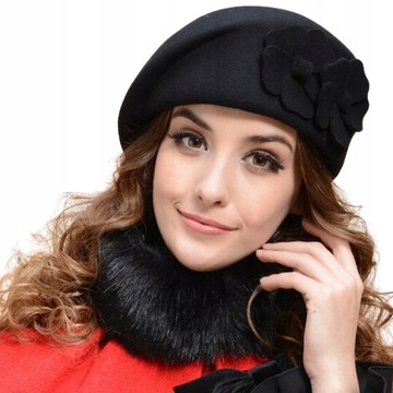STYLOWY ELEGANCKI DAMSKI BERET KAPELUSZ KWIATY