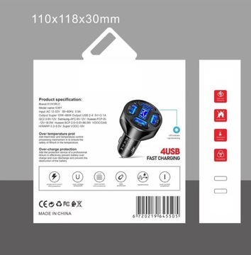 БЫСТРОЕ АВТОМОБИЛЬНОЕ ЗАРЯДНОЕ УСТРОЙСТВО 4xUSB 3.1A