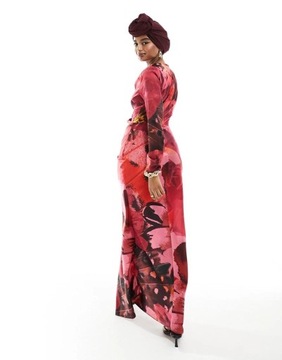 Asos Design maxi drapowana sukienka satyna wzór NH2 nok XXL