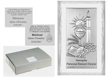 Srebrny obrazek Komunia Grawer Gratis 9x13,5 cm.
