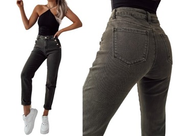 PREMIUM WYGODNE I ELASTYCZNE SPODNIE JEANSY MOM FIT KHAKI Z GUZIKAMI 42