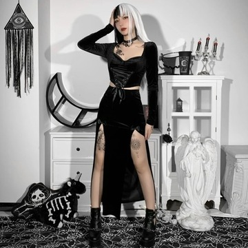 Vintage Black Velvet Split Skirts Aesthetic Sexy H