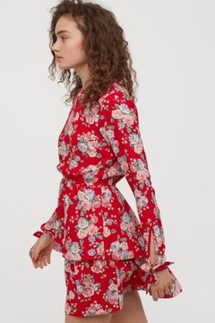 H&M kwiaty czerwona sukienka falbanki baskinka kokardy kokardki kwiatowa S