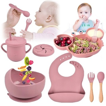 Набор для детской столовой из 9 предметов с силиконовыми аксессуарами, не содержащими BPA.