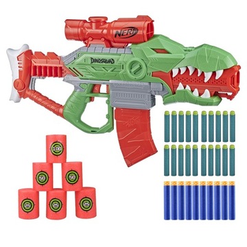 PISTOLET NERF DINOSQUAD REX RAMPAGE AUTOMATYCZNY +DODATKI STRZAŁKI CELE