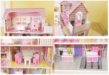 БОЛЬШОЙ ДЕРЕВЯННЫЙ ДОМ ДЛЯ КУКОЛ С ТЕРРАСОЙ И МЕБЕЛЬЮ ДЕТСКИЕ АКСЕССУАРЫ
