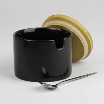 САХАРНИЦА + ФАРФОРОВАЯ МАСЛЕНКА, ЧЕРНАЯ, С БАМБУКОВОЙ КРЫШКОЙ