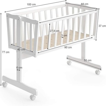 ДЕРЕВЯННАЯ ЛЮЛЬКА С КРЫШКОЙ, ВСТАВКОЙ И МАТРАСОМ, БЕЛАЯ 90х40