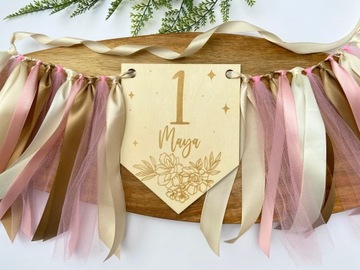 Pownorczyk для стула на один год - сосок с именем, лентами и тюлем, розовым
