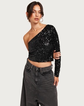 ONLY CZARNY CROP TOP ASYMETRIA CEKINY WELUR ZDOBIENIE 92U NG5__L