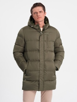 Długa zimowa kurtka męska pikowana satynowa khaki V1 OM-JALJ-0147 XL