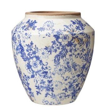 WAZON CERAMICZNY ECRU BIAŁY ZDOBIONY 21x19 KWIATY NIEBIESKI OSŁONKA