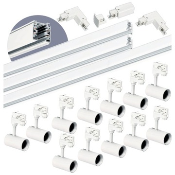 Zestaw szynowy 3 fazowy szyna 1m+1m+2m, 12x Lampa, łącznik L BIAŁY komplet