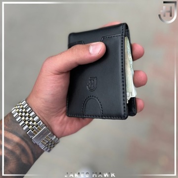Skórzany portfel męski Elegancki Pojemny Poziomy Slim 1,5 cm RFID Czarny