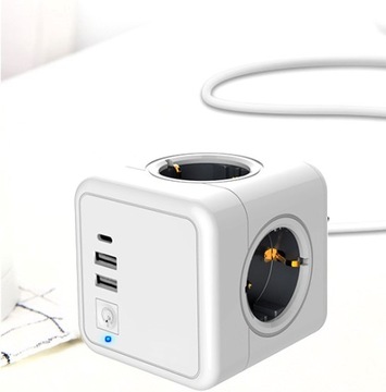 KOSTKA ZASILAJĄCA ROZGAŁĘŹNIK PRZEDŁUŻACZ LISTWA ANTYPRZEPIĘCIOWA 7w1 USB !