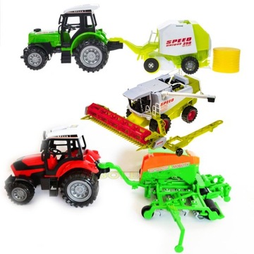 TRAKTOR Z PŁUGIEM PRZYCZEPA ZABAWKA ZESTAW KOMBAJN+2 TRAKTORY+2 MASZYNY