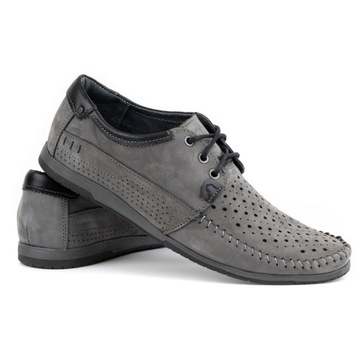 Buty męskie skórzane mokasyny sznurowane na lato ażurowe 875L szare 44