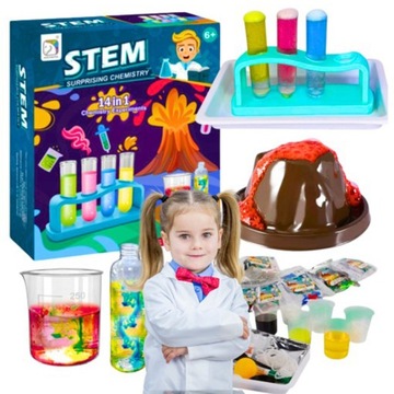 ZESTAW EDUKACYJNY 14 eksperymentów naukowych wybuchowy wulkan MAŁY CHEMIK